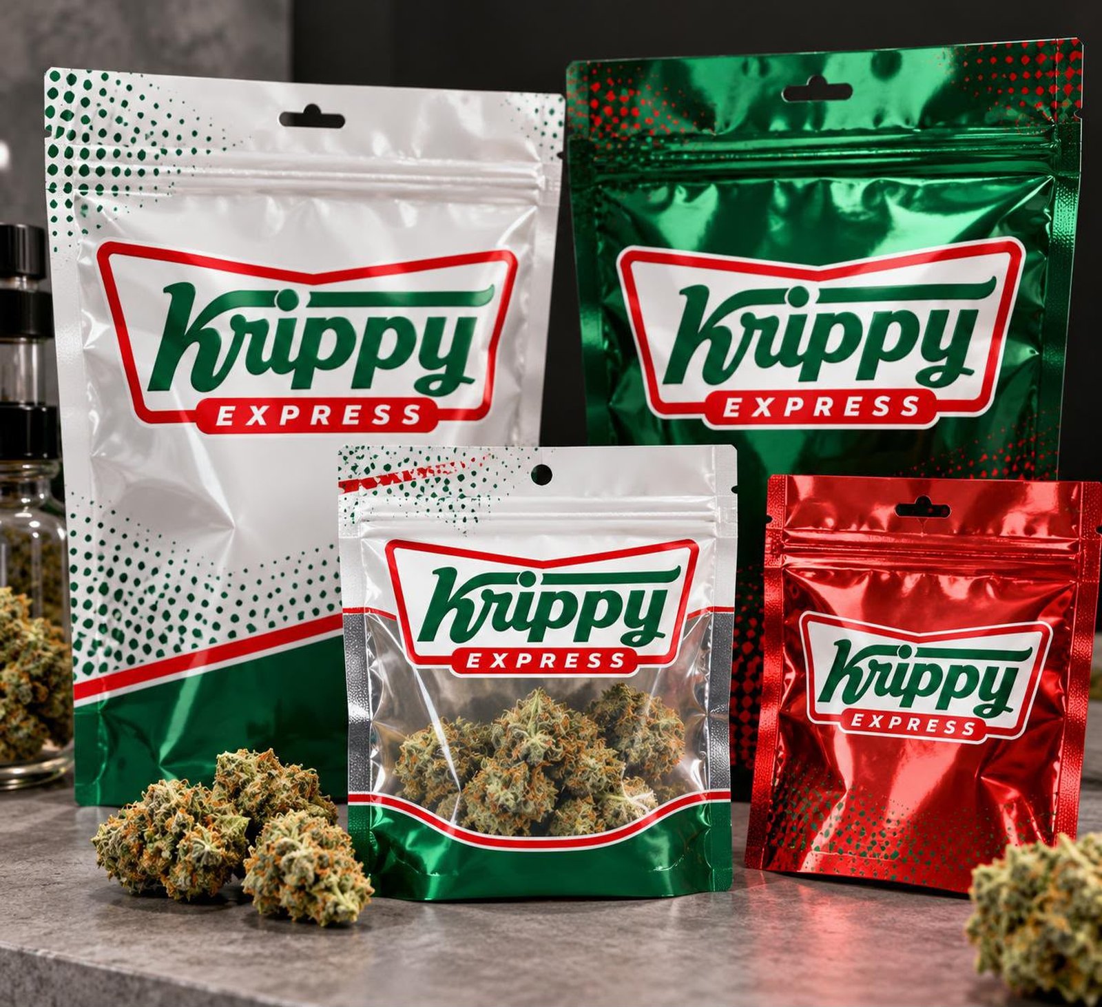 Krippy Express bags: white, green and red foil pouches of THCA flower